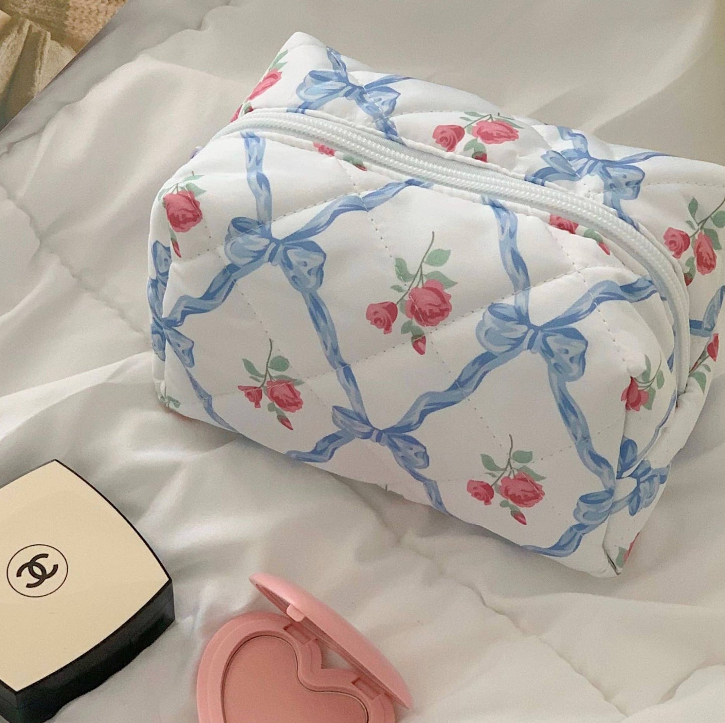 Quilted Cosmetic Floral Ribbon Makeup Bags