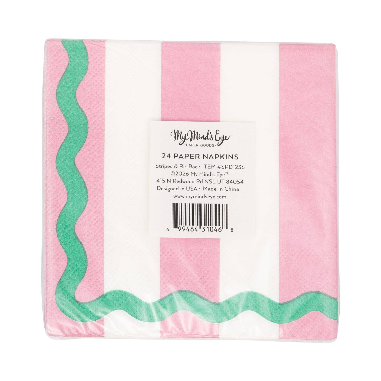 Pink and Green Stripes and Ric Rac Cocktail Napkin