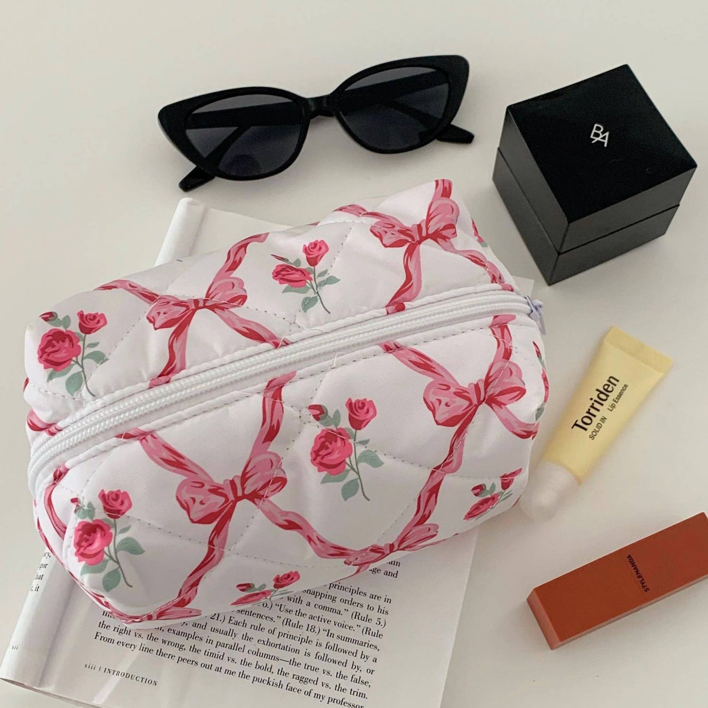 Quilted Cosmetic Floral Ribbon Makeup Bags