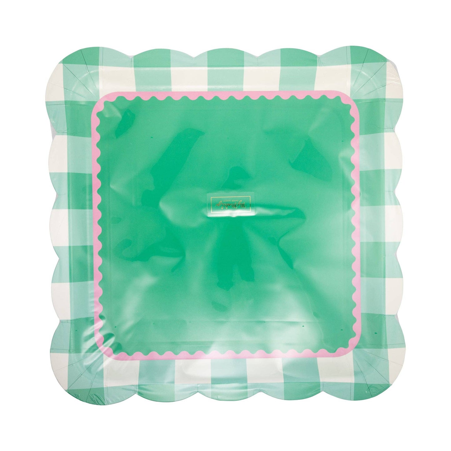 Pink and Green Gingham Scalloped Square Plate