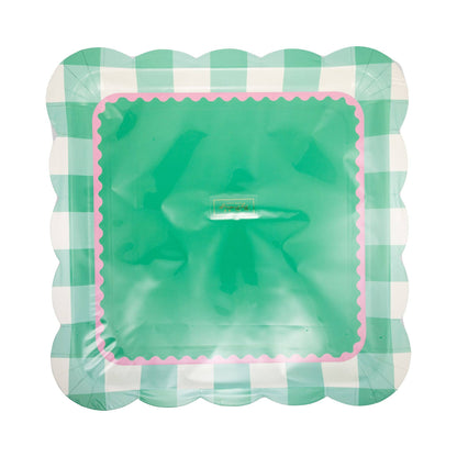Pink and Green Gingham Scalloped Square Plate