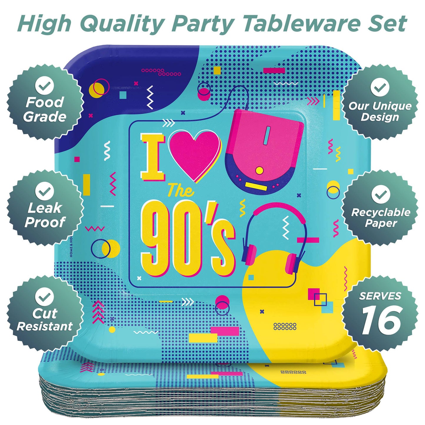90's Theme Square  Party Dessert Plate (16ct)