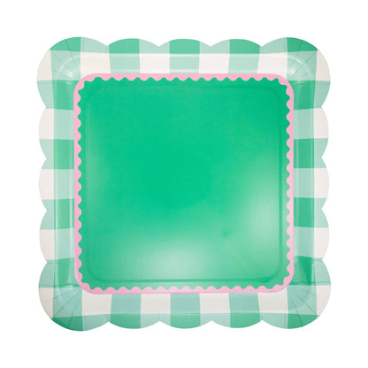 Pink and Green Gingham Scalloped Square Plate