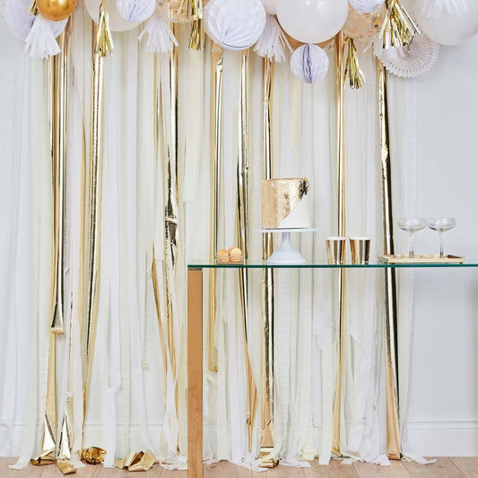 White, Cream and Gold Fringe Streamer Backdrop